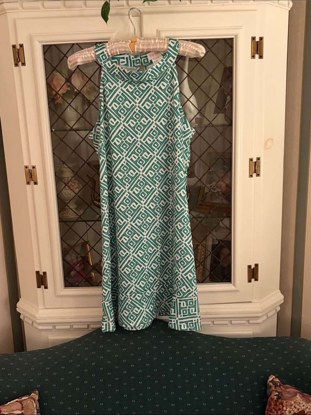 Sleeveless Geometric A-Line Dress in Teal and White size Small